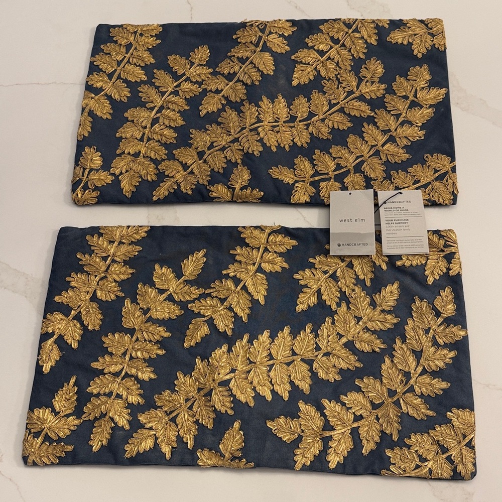 West Elm Embroidered Gold Leaf Navy Pillow Covers (Set of 2) 12 x 20”